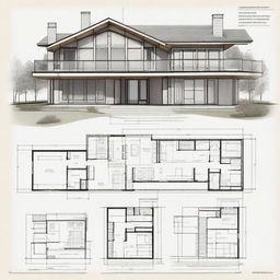 A detailed architectural drawing of a modern residential house