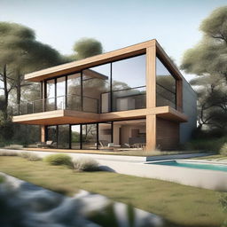 A 3D architectural drawing of a modern house