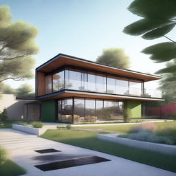 A 3D architectural drawing of a modern house