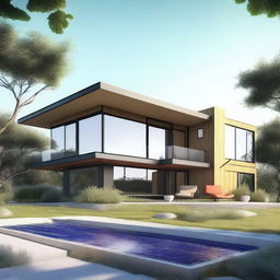 A 3D architectural drawing of a modern house