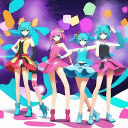 Create an image of a vibrant and colorful scene featuring characters in the style of MikuMikuDance (MMD)