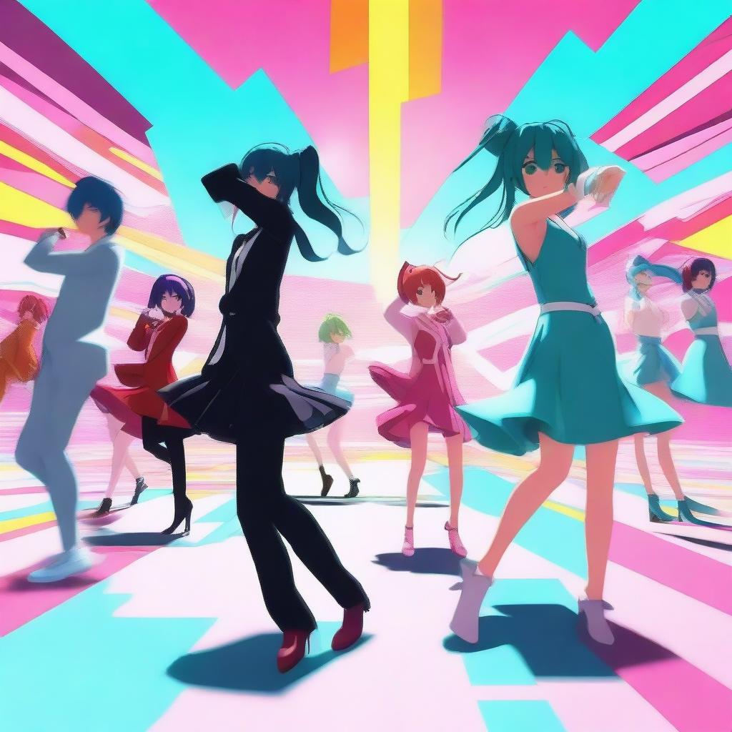 Create an image of a vibrant and colorful scene featuring characters in the style of MikuMikuDance (MMD)