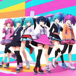 Create an image of a vibrant and colorful scene featuring characters in the style of MikuMikuDance (MMD)