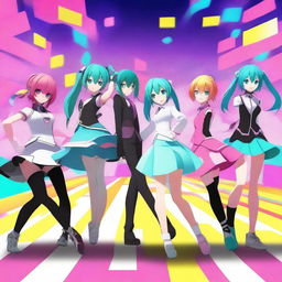 Create an image of a vibrant and colorful scene featuring characters in the style of MikuMikuDance (MMD)