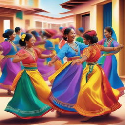 An image of a group of people dancing in a traditional style, with colorful costumes and a festive atmosphere