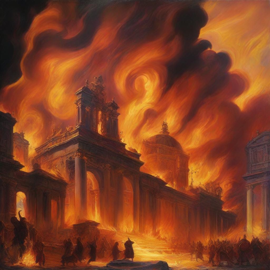 A vivid depiction of an inferno with roaring flames, intense heat, and swirling smoke