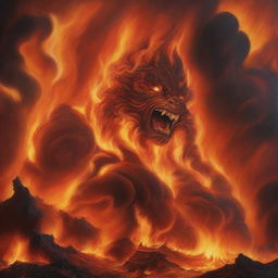 A vivid depiction of an inferno with roaring flames, intense heat, and swirling smoke