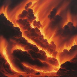 A vivid depiction of an inferno with roaring flames, intense heat, and swirling smoke