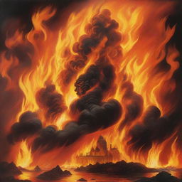 A vivid depiction of an inferno with roaring flames, intense heat, and swirling smoke