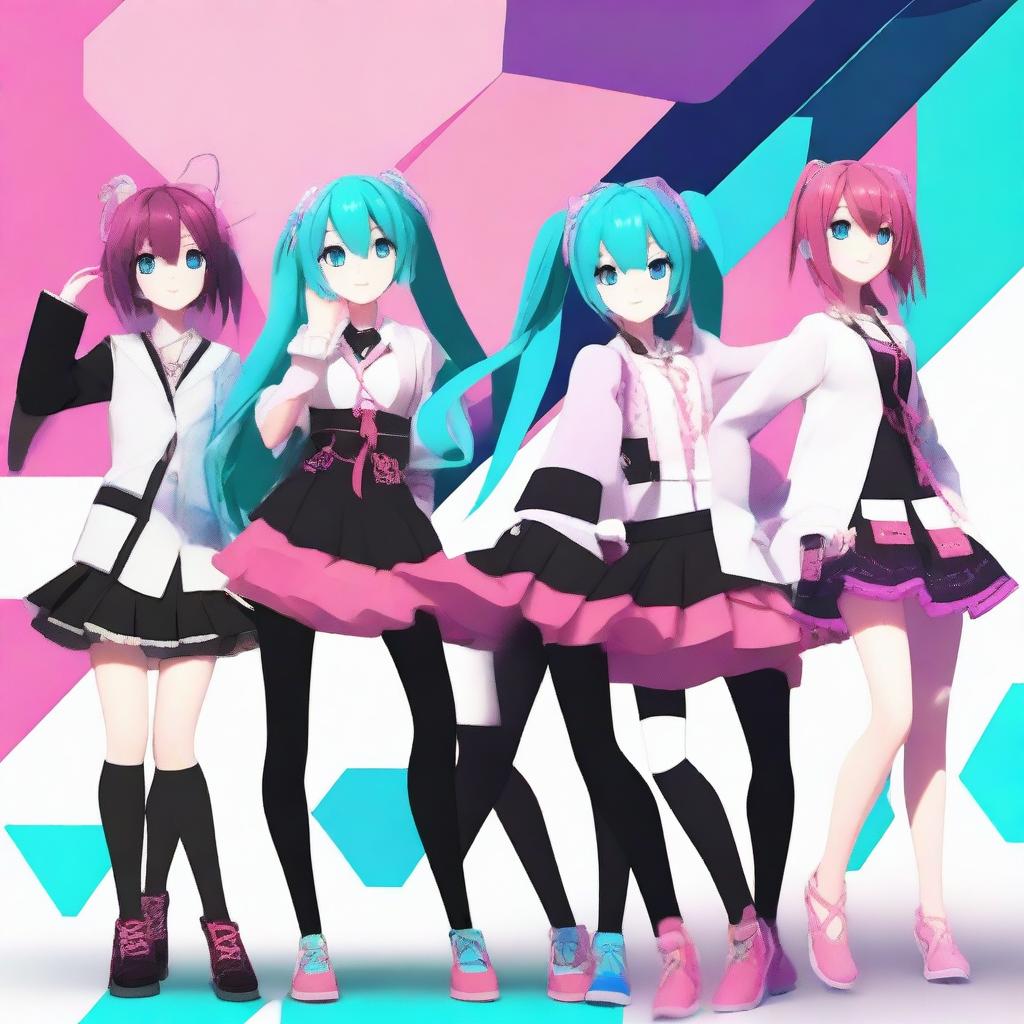 Create an image featuring a group of characters in the style of MikuMikuDance (MMD)