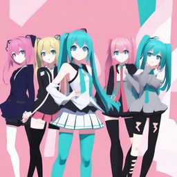 Create an image featuring a group of characters in the style of MikuMikuDance (MMD)