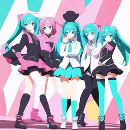 Create an image featuring a group of characters in the style of MikuMikuDance (MMD)