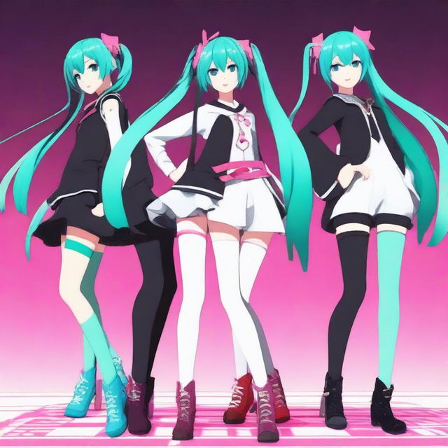 Create an image featuring a group of characters in the style of MikuMikuDance (MMD)