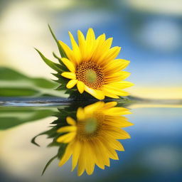 A stunning image of a yellow daisy or sunflower with a reflection