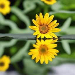 A stunning image of a yellow daisy or sunflower with a reflection