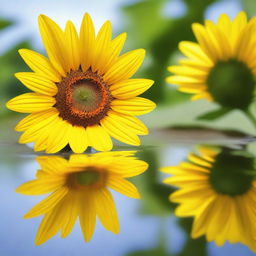 A stunning image of a yellow daisy or sunflower with a reflection