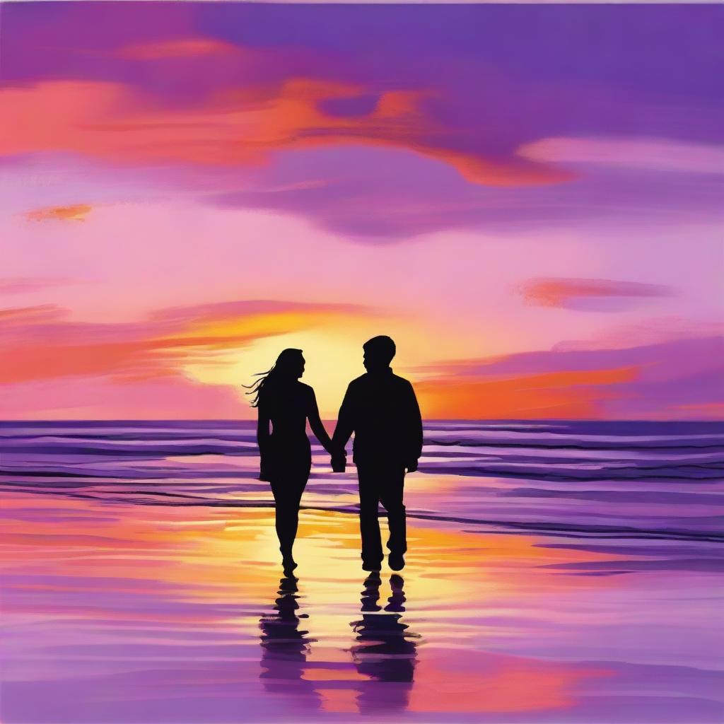 A romantic scene featuring a couple holding hands, walking along a beach at sunset