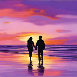 A romantic scene featuring a couple holding hands, walking along a beach at sunset