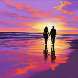 A romantic scene featuring a couple holding hands, walking along a beach at sunset