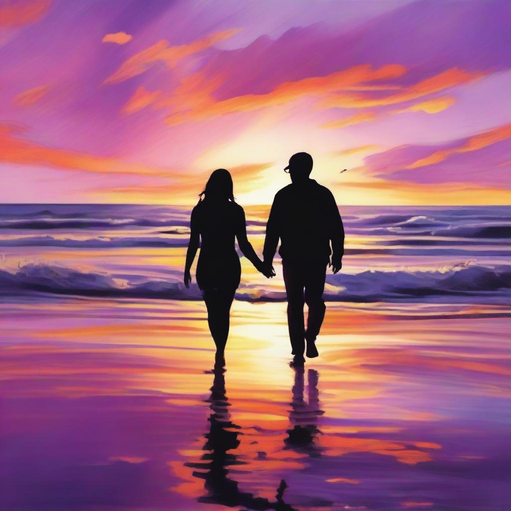 A romantic scene featuring a couple holding hands, walking along a beach at sunset