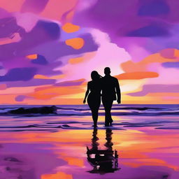 A romantic scene featuring a couple holding hands, walking along a beach at sunset