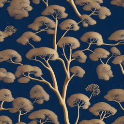 A golden tree embossed over a navy blue background, featuring intricate details on the tree's branches and leaves