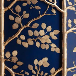 A golden tree embossed over a navy blue background, featuring intricate details on the tree's branches and leaves