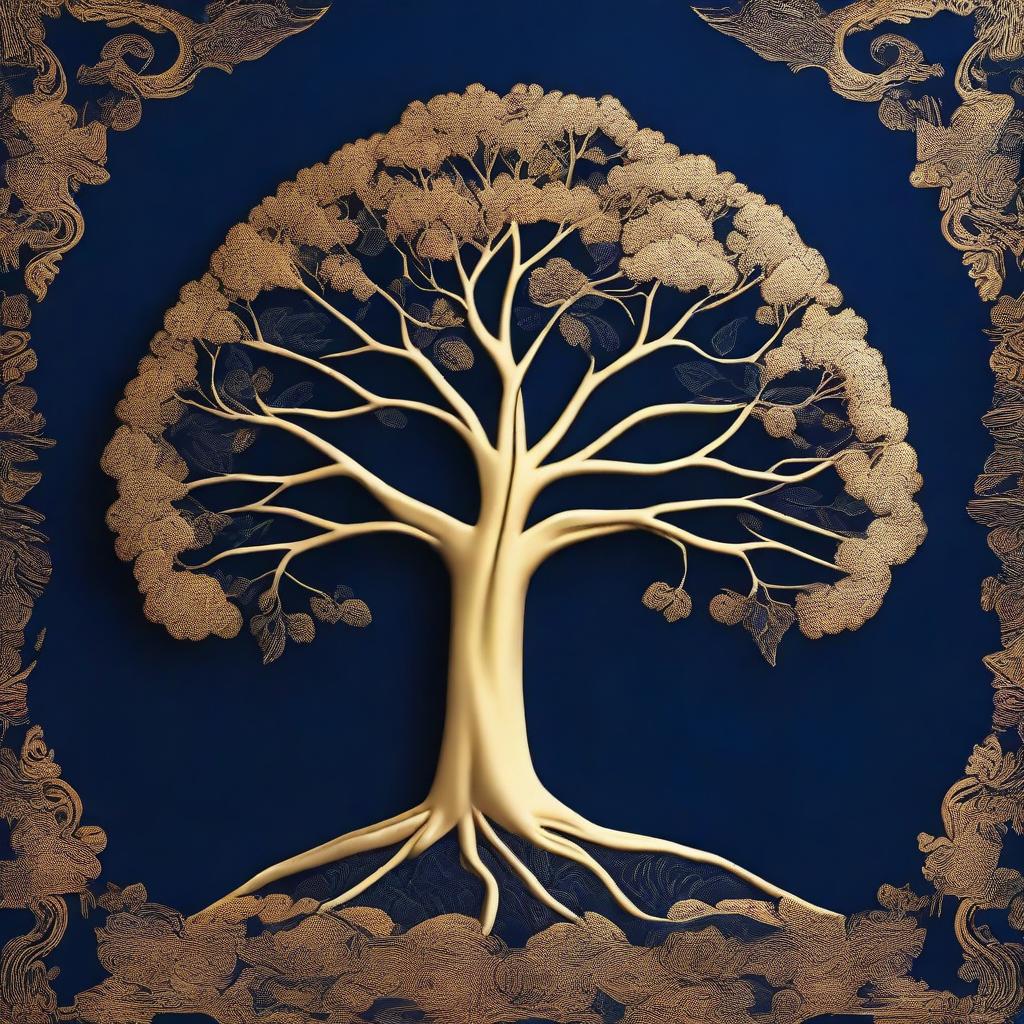 A golden tree embossed over a navy blue background