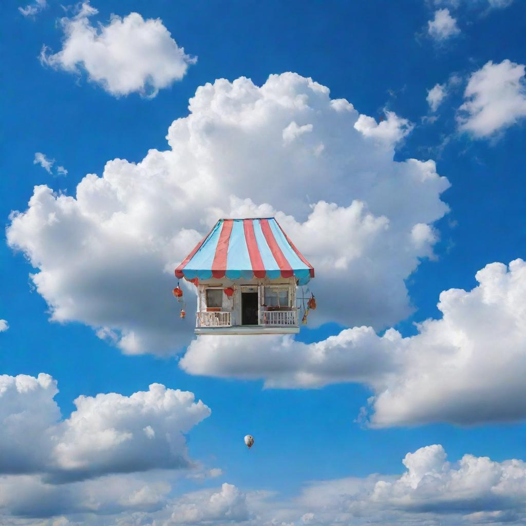 A whimsical, floating store nestled in puffy white clouds against a bright blue sky.