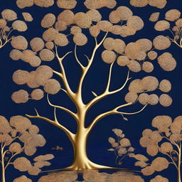 A golden tree embossed over a navy blue background