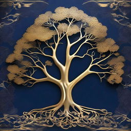 A golden tree embossed over a navy blue background