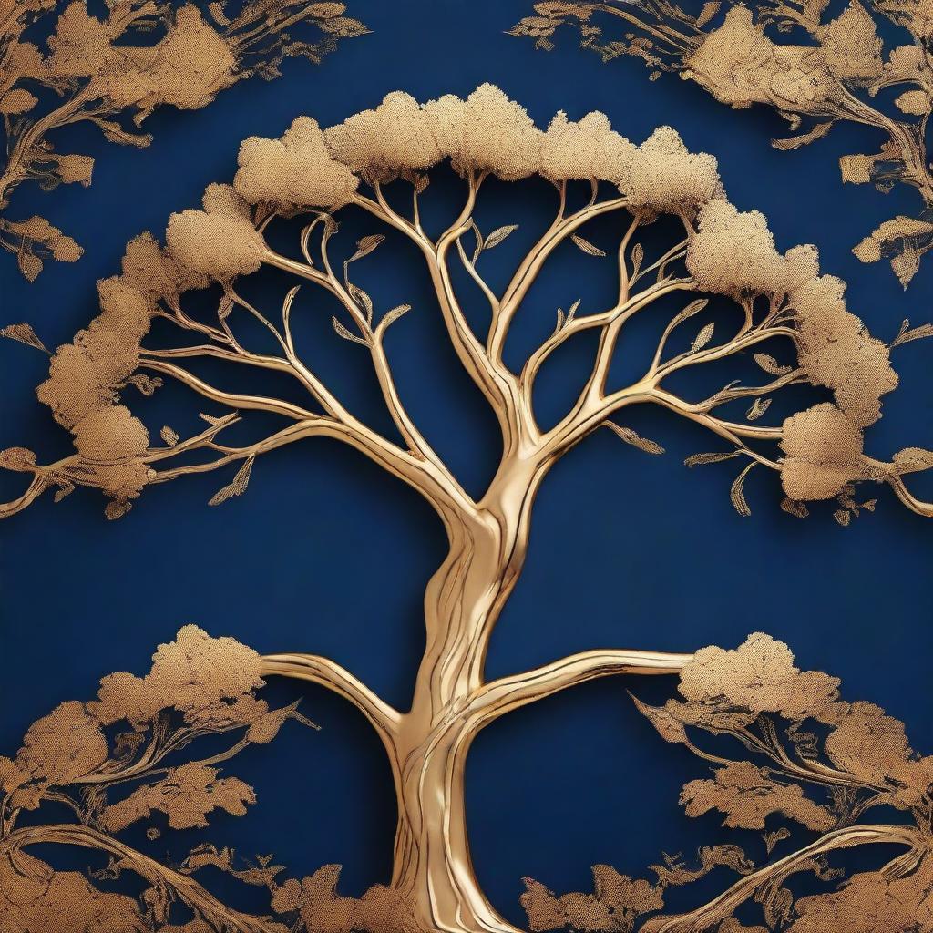 A golden tree embossed over a navy blue background