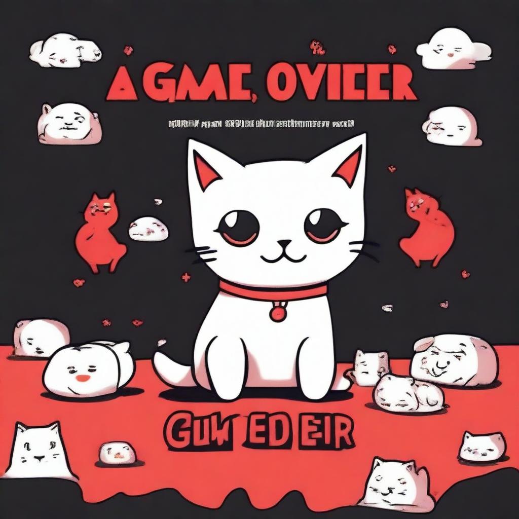 A game over screen with a cute little cat in the middle