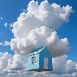 A whimsical, floating store nestled in puffy white clouds against a bright blue sky.