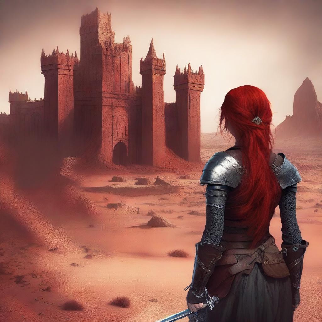 A high quality book cover featuring a red-haired warrior woman seen from behind, holding a large sword over her shoulder