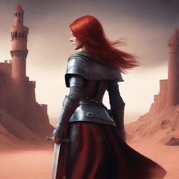 A high quality book cover featuring a red-haired warrior woman seen from behind, holding a large sword over her shoulder