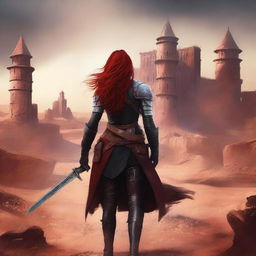 A high quality book cover featuring a red-haired warrior woman seen from behind, holding a large sword over her shoulder