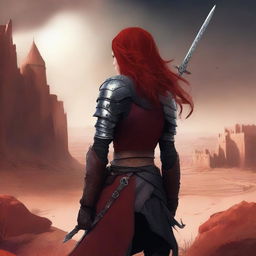 A high quality book cover featuring a red-haired warrior woman seen from behind, holding a large sword over her shoulder