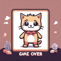 A game over screen with a cute little cat in the middle