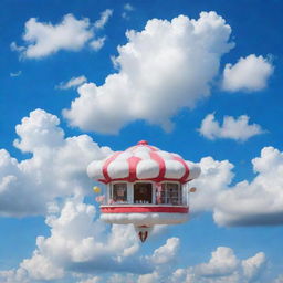 A whimsical, floating store nestled in puffy white clouds against a bright blue sky.