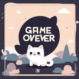 A game over screen with a cute little white cat in the middle