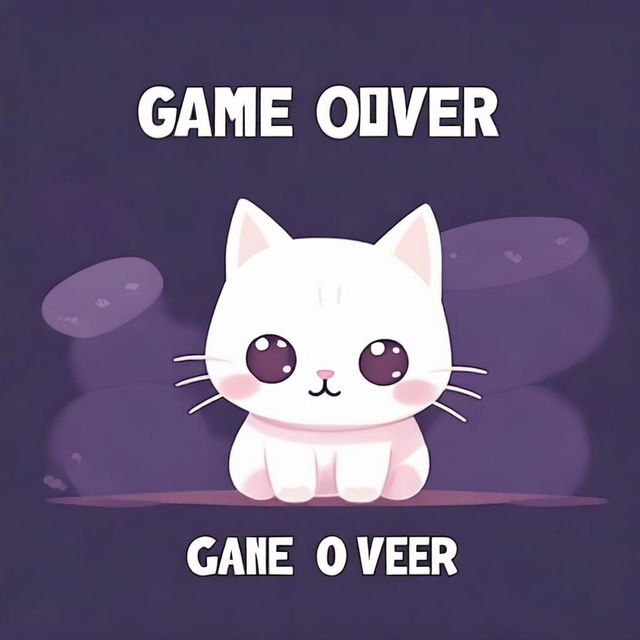 A game over screen with a cute little white cat in the middle