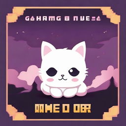 A game over screen with a cute little white cat in the middle