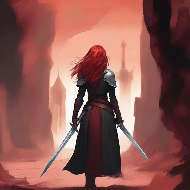 A high quality book cover featuring a red-haired, black-robed mercenary woman seen from behind, holding a very large sword over her shoulder