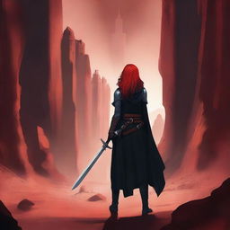 A high quality book cover featuring a red-haired, black-robed mercenary woman seen from behind, holding a very large sword over her shoulder