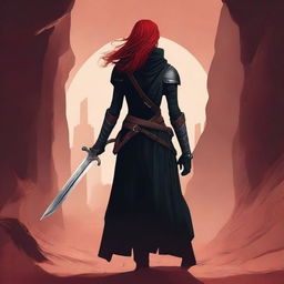 A high quality book cover featuring a red-haired, black-robed mercenary woman seen from behind, holding a very large sword over her shoulder