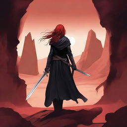 A high quality book cover featuring a red-haired, black-robed mercenary woman seen from behind, holding a very large sword over her shoulder