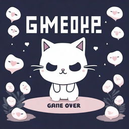 A game over screen with a cute white cat in the middle