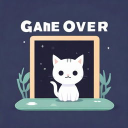 A game over screen with a cute white cat in the middle