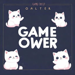 A game over screen with a cute white cat in the middle